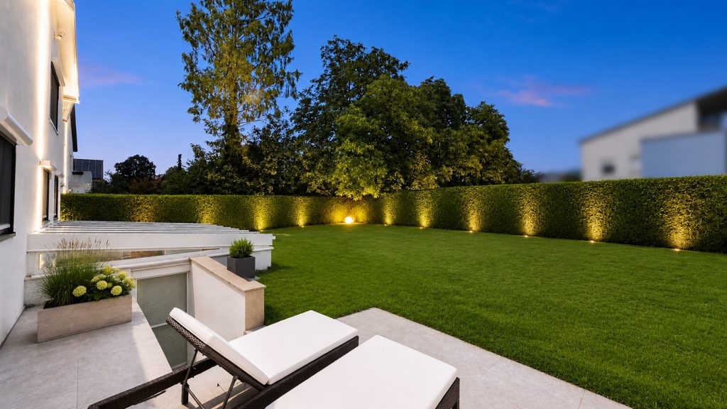 Garten und Villa in der Abenddämmerung, Designvilla München-Trudering-Riem