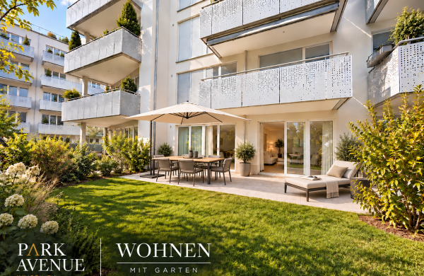 Gartenseite des Hauses mit Terrasse der Wohnung, Gartenwohnung in München-Bogenhausen