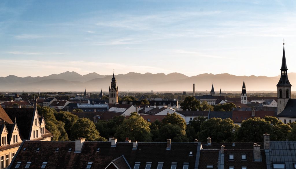 Muenchner Daecher und Kirchtuerme mit den Alpen am Horizont im Abendlicht