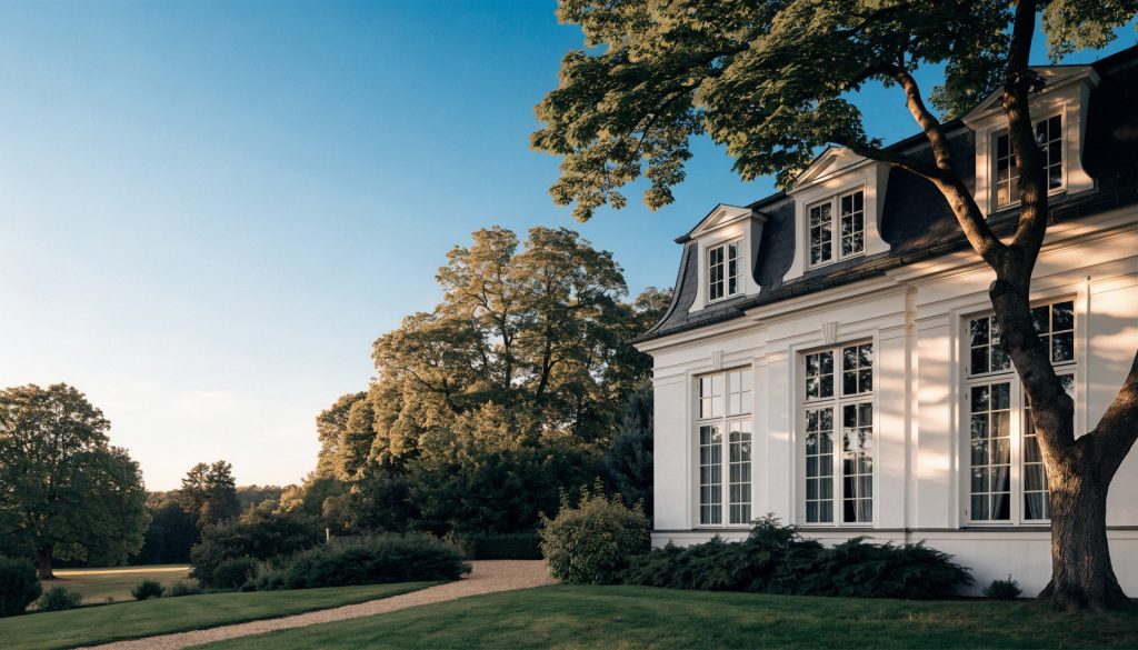 Elegante weisse Villa mit Mansarddach und Garten im Abendlicht (KI-Visualisierung)