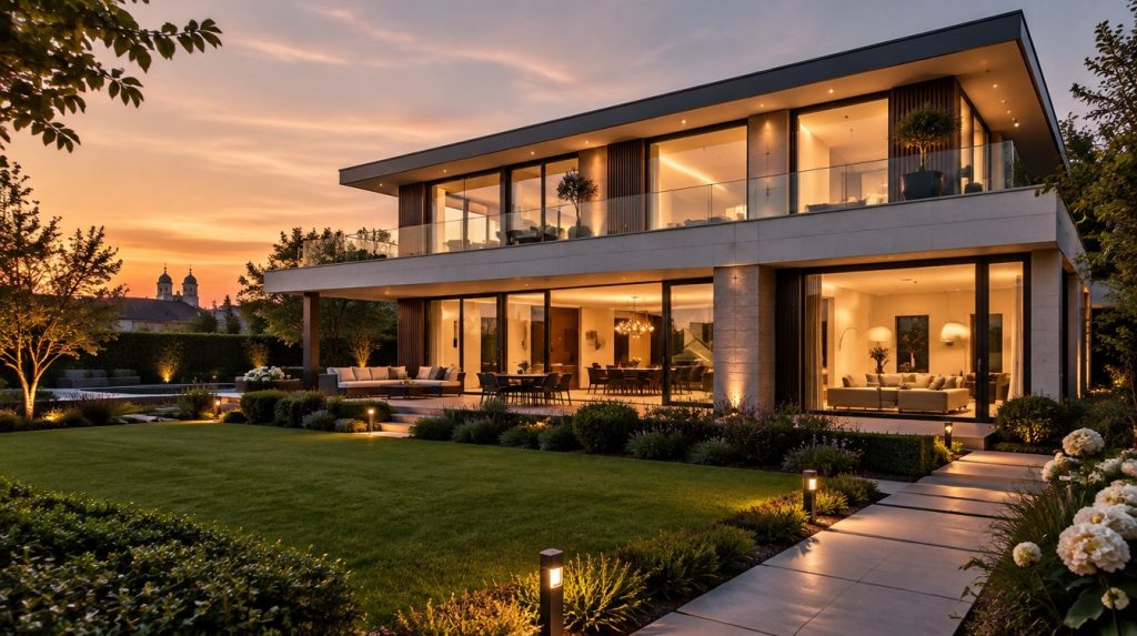 Moderne Villa mit Garten in München bei Sonnenuntergang