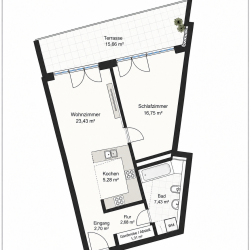 Grundriss der 2-Zimmer-Wohnung mit Terrasse, Gartenwohnung in München-Bogenhausen