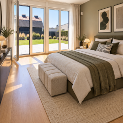 Schlafzimmer mit Blick ins Grüne (Home Staging), Gartenwohnung in München-Bogenhausen