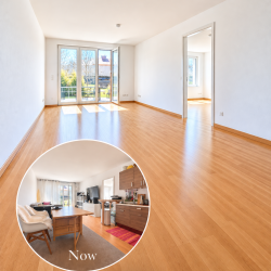 Unmöblierter Wohnraum mit Parkettboden, Gartenwohnung in München-Bogenhausen