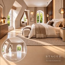 Bedroom with round window under the roof (virtually staged)