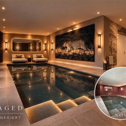 Indoor pool in the private Zen spa, villa in Munich-Oberföhring (virtually staged, inset: current state)