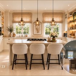 Kitchen with island, villa in Munich-Oberföhring (virtually staged)