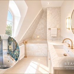 Master bathroom with marble bathtub (virtually staged)